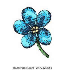 primavera no me olvide dibujado a mano. dibujo de acuarela, línea aislada, planta botánica primavera no me olvide boceto de Vector. ilustración de color aislado