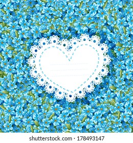 Spring forget-me-not card in heart shape for congratulation or invitation. Just write