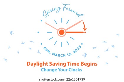 Spring Forward 2023. Daylight Saving Time Begins at march 12, web banner. Reminder banner to change clock ahead an hour with calendar date. Vector illusatrtion - Shutterstock ID 2261601739