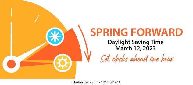 Spring Forward 2023. Daylight Saving Time Begins. Switch time from wintertime to summertime at sunday, march 13, 2023. Graphic vector web banner schedule with info and calendar date - Shutterstock ID 2264586961