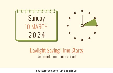 Spring forward 2024 10 March minimalist banner with Calendar and alarm. Daylight Saving Time begins simple design. Summer set clocks ahead hour. DST starts in USA reminder flat vector illustration.