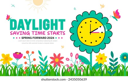 Spring Forward  2024 banner background with flower and grass. Daylight Saving Time Starts background with cartoon doodle style with funny clock flower. schedule of changing clocks at march 10