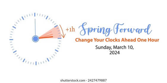 Spring Forward 2024 banner. Clock set forward one hour with date March 10. Daylight saving time concept with reminder text Change Your Clocks. Graphic vector illustration