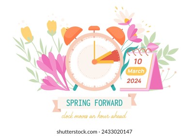 Spring Forward 2024. Daylight saving time information banner reminder with flowers to change schedule and move clock hand 1 hour to summer time, calendar with date March 10 cartoon vector illustration