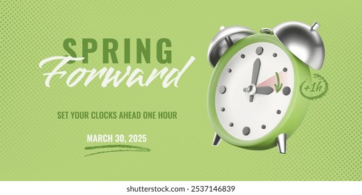 Spring Forward 2025, Daylight saving time banner. Isolated 3D realistic alarm clock on green halftone textured background, charcoal arrow and underline. Vector illustration