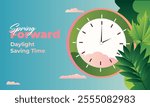 Spring Forward 2025 March Alarm Clock . Alarm clock moved one hour forward. Transition to daylight saving time. Clock and Spring composition. Vector illustration