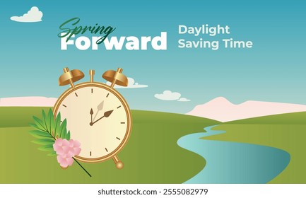 Spring Forward 2025 March Alarm Clock . Alarm clock moved one hour forward. Transition to daylight saving time. Clock and Spring composition. Vector illustration