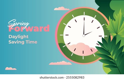 Spring Forward 2025 March Alarm Clock . Alarm clock moved one hour forward. Transition to daylight saving time. Clock and Spring composition. Vector illustration