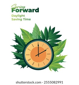 Spring Forward 2025 March Alarm Clock . Alarm clock moved one hour forward. Transition to daylight saving time. Clock and Spring composition. Vector illustration