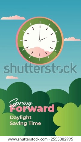 Spring Forward 2025 March Alarm Clock . Alarm clock moved one hour forward. Transition to daylight saving time. Clock and Spring composition. Vector illustration