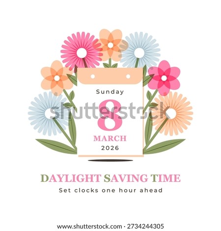 Spring Forward 2026 March 8. Daylight saving time poster with calendar date, green foliage and bright flowers. Set your clock ahead one hour. Vector illustration. Flat style