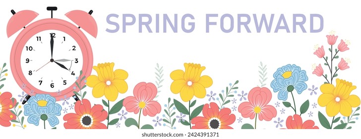 Spring forward banner with abstract flowers. Daylight saving time concept