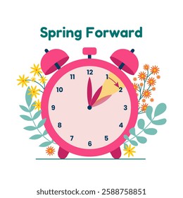 Spring forward. Change clock ahead. Spring Daylight Saving Time Begins. Alarm clock surrounded by flowers and leaves. Vector illustration