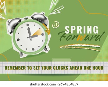 Colagem Spring Forward com adesivo de papel de despertador realista. Design vetorial de horário de verão em cores verde e laranja