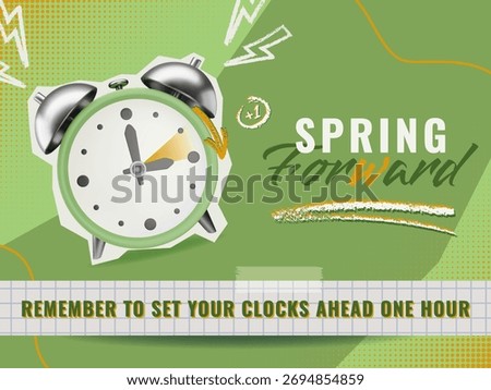 Spring Forward collage with realistic alarm clock paper sticker. Daylight saving time vector design in green and orange colors