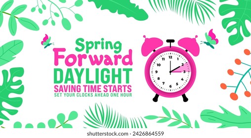 Spring Forward concept 2024 banner. Daylight Saving Time Starts background with cartoon doodle style with funny clock flower. schedule of changing clocks at march 10, 2024. Spring Forward clock banner