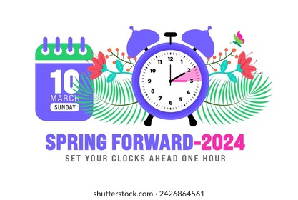 Spring Forward concept 2024 banner. Daylight Saving Time Starts background with cartoon doodle style with funny clock flower. schedule of changing clocks at march 10, 2024. Spring Forward clock banner