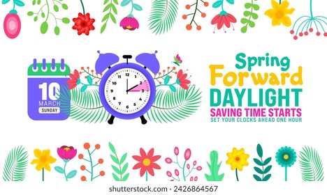 Spring Forward concept 2024 banner. Daylight Saving Time Starts background with cartoon doodle style with funny clock flower. schedule of changing clocks at march 10, 2024. Spring Forward clock banner