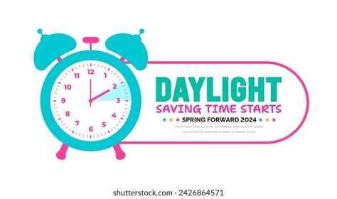 Spring Forward concept 2024 banner. Daylight Saving Time Starts background with cartoon doodle style with funny clock flower. schedule of changing clocks at march 10, 2024. Spring Forward clock banner