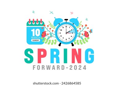 Banner del concepto Spring Forward 2024. Horario de verano Comienza el fondo con el estilo de garabato de dibujos animados con la flor del reloj divertido. horario de cambio de relojes en marzo 10, 2024. Banner de reloj de Spring Forward