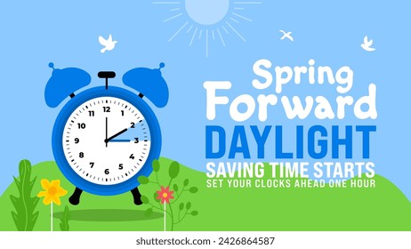 Spring Forward concept 2024 banner. Daylight Saving Time Starts background with cartoon doodle style with funny clock flower. schedule of changing clocks at march 10, 2024. Spring Forward clock banner