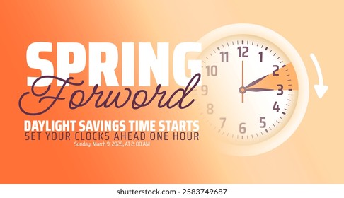 Spring Forward concept 2025 background or banner design with Golden color. Daylight Saving Time Starts background and cartoon doodle style with clock design.