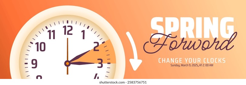 Spring Forward concept 2025 background or banner design. Daylight Saving Time Starts background and cartoon doodle style with clock design.