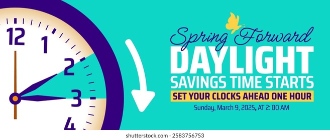 Spring Forward concept 2025 background or banner design. Daylight Saving Time Starts background and cartoon doodle style with clock design.