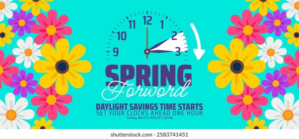 Spring Forward concept 2025 banner with flower and clock design. Daylight Saving Time Starts background with cartoon doodle style with funny clock flower. schedule of changing clocks at march 09, 2025