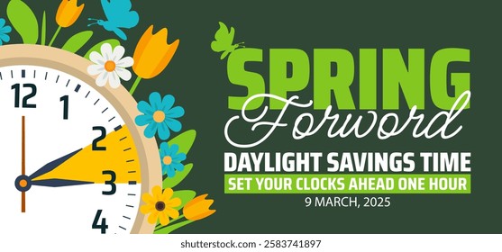 Spring Forward concept 2025 banner with flower and clock design. Daylight Saving Time Starts background with cartoon doodle style with funny clock flower. schedule of changing clocks at march 09, 2025