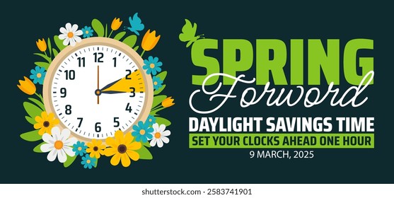 Spring Forward concept 2025 banner with flower and clock design. Daylight Saving Time Starts background with cartoon doodle style with funny clock flower. schedule of changing clocks at march 09, 2025