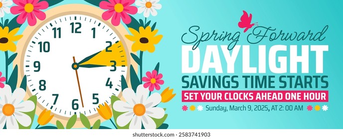 Spring Forward concept 2025 banner with flower and clock design. Daylight Saving Time Starts background with cartoon doodle style with funny clock flower. schedule of changing clocks at march 09, 2025