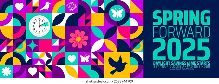 Spring Forward concept 2025 geometric shape pattern background or banner design. Daylight Saving Time Starts background with cartoon doodle style with funny clock flower.