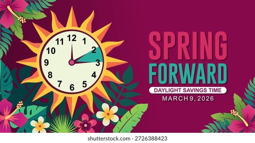 Spring Forward Concept 2026 Banner mit Blumen- und Uhrendesign. Sommerzeit Startet Hintergrund mit floralen Ornamenten Stil. Uhrenwechsel am 09. März 2026. Keine KI erzeugt.