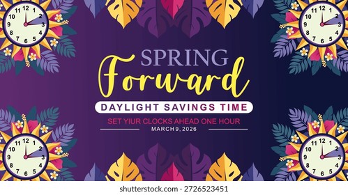 Concepto Spring Forward 2026 Anuncio con diseño de flor y reloj. Comienza el fondo con el estilo de los ornamentos florales. horario de cambio de relojes el 09 de marzo de 2026. No se genera IA.