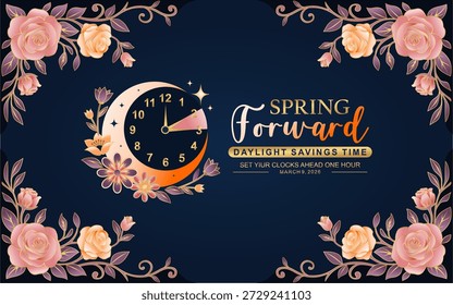Spring Forward conceito 2026 banner com flor e design de relógio. Daylight Saving Time Começa o fundo com estilo de ornamentos florais. agenda de mudança de relógios em 09 de março de 2026. Não é IA.