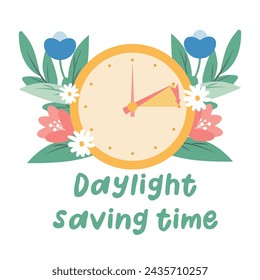 Spring forward concept in flat style, change clock forward one hour, Daylight Saving Time web vector reminder banner. Clocks with arrow hand turning forward an hour. Minimalist aesthetic web banner.