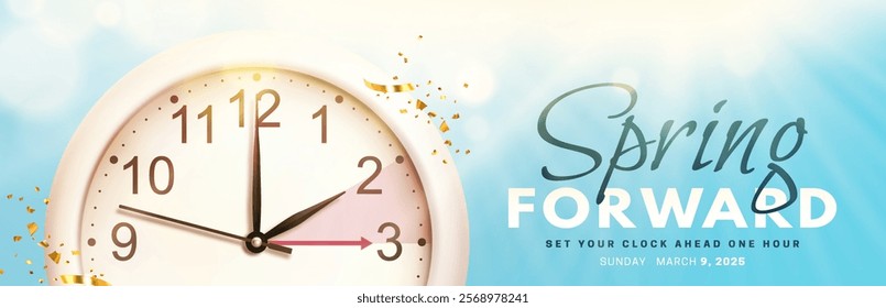 Spring Forward. Daylight saving time banner with realistic 3d wall clock, golden confetti and bright sun rays on blue sky background. Set your clock ahead one hour on 9 March 2025. Vector illustration