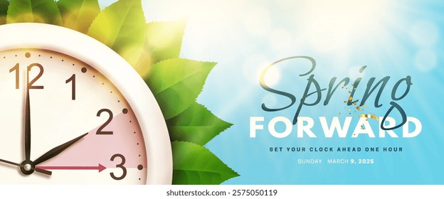 Spring Forward. Daylight saving time banner with realistic 3d wall clock, green foliage and bright sun rays on blue sky background. Set your clock ahead one hour on 9 March 2025. Vector illustration