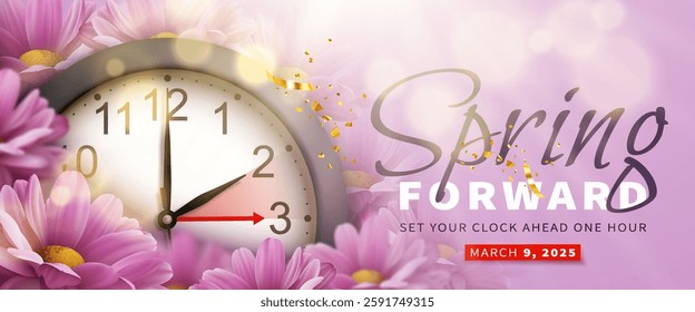 Spring Forward. Daylight saving time banner with realistic black 3d clock, bright sun rays, bokeh and pink chrysanthemum flowers. Text reminder of time change one hour forward. Vector illustration