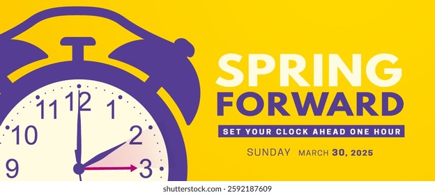 Spring Forward. Daylight saving time banner with purple alarm clock on yellow background. Set your clock ahead one hour on 30 March 2025. Vector illustration