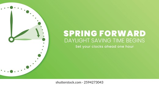 Spring Forward. Daylight Saving Time Start banner with clocks turning forward one hour. Vector illustration