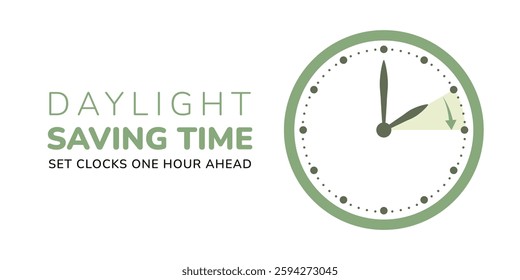 Spring Forward. Daylight Saving Time Start banner with clocks turning forward one hour. Vector illustration