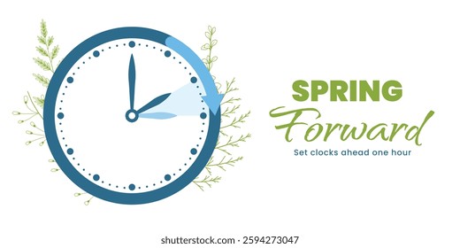 Spring Forward. Daylight Saving Time Start banner with clocks turning forward one hour. Vector illustration