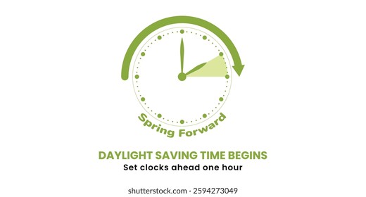 Spring Forward. Daylight Saving Time Start banner with clocks turning forward one hour. Vector illustration