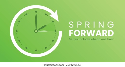 Spring Forward. Daylight Saving Time Start banner with clocks turning forward one hour. Vector illustration