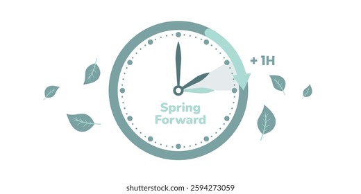 Spring Forward. Daylight Saving Time Start banner with clocks turning forward one hour. Vector illustration