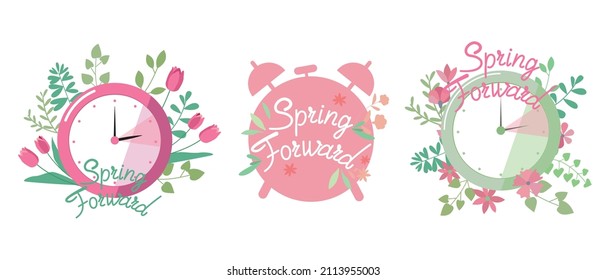 Spring forward decorative logo. Daylight saving concept decoration frames. Vector illustration.