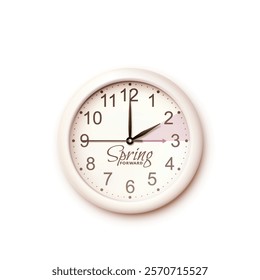 Spring Forward design element. Daylight saving time. Modern realistic beige wall clock isolated on white background. 3d Clock face with hands moving ahead one hour. March 9, 2025. Vector illustration