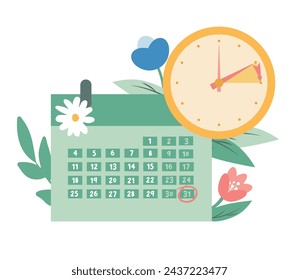 Avance de primavera en Europa 2024, cambio de reloj hacia adelante una hora, banner recordatorio web del horario de verano en estilo plano. Relojes con flecha girando hacia adelante una hora. Banner estético minimalista.